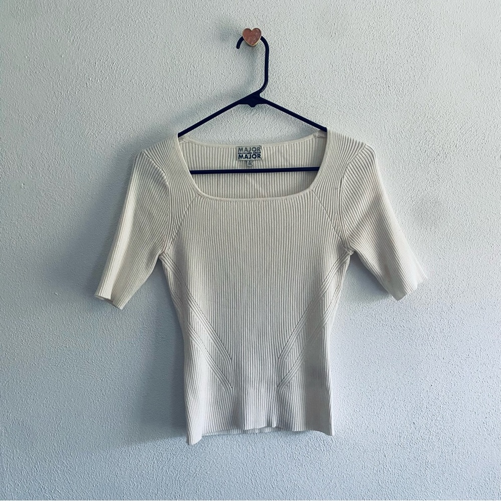 Major Label Cream Fitted Ribbed Short Sleeve Top